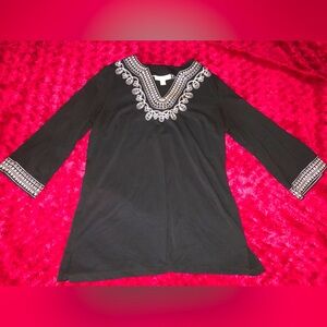 Coldwater Creek Black Tunic (w-white embroidery accent)Pullover 3/4 Sleeve Top